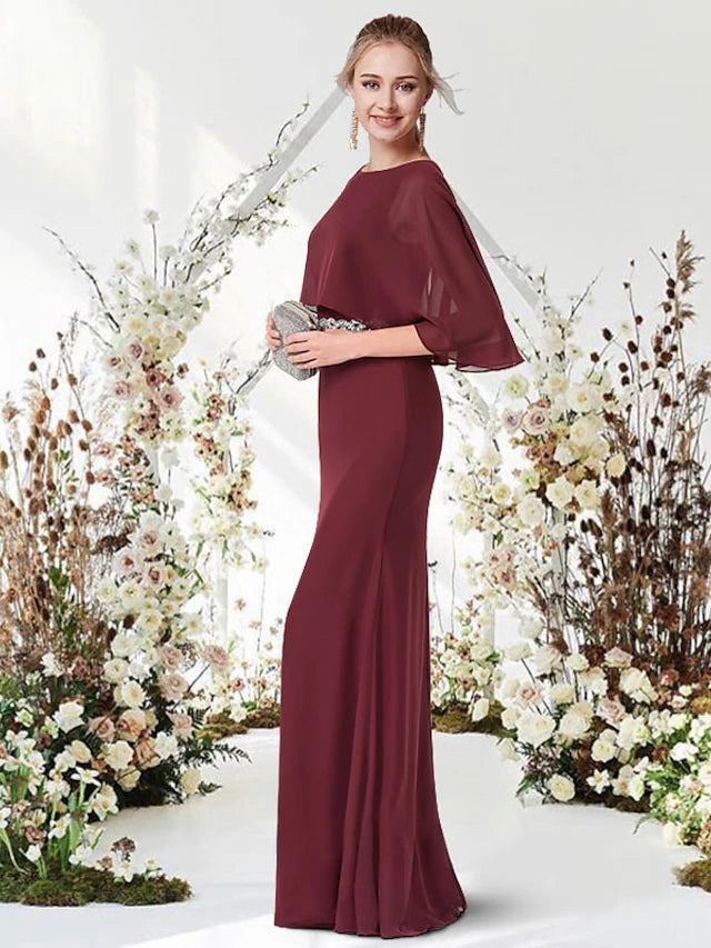 Etui-Linie/Säule, minimalistisch, elegant, Verlobung, formelles Abendkleid, Rundhalsausschnitt, halbe Ärmel, bodenlang, Chiffon mit Schärpe/Band